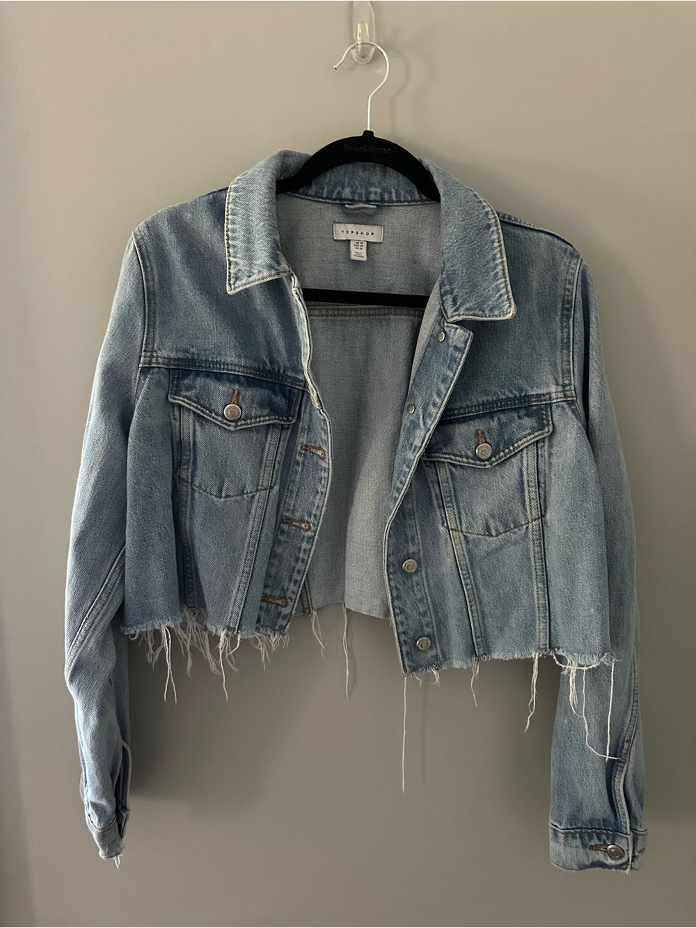 Topshop Light Blue Cropped Distressed Denim Jacket